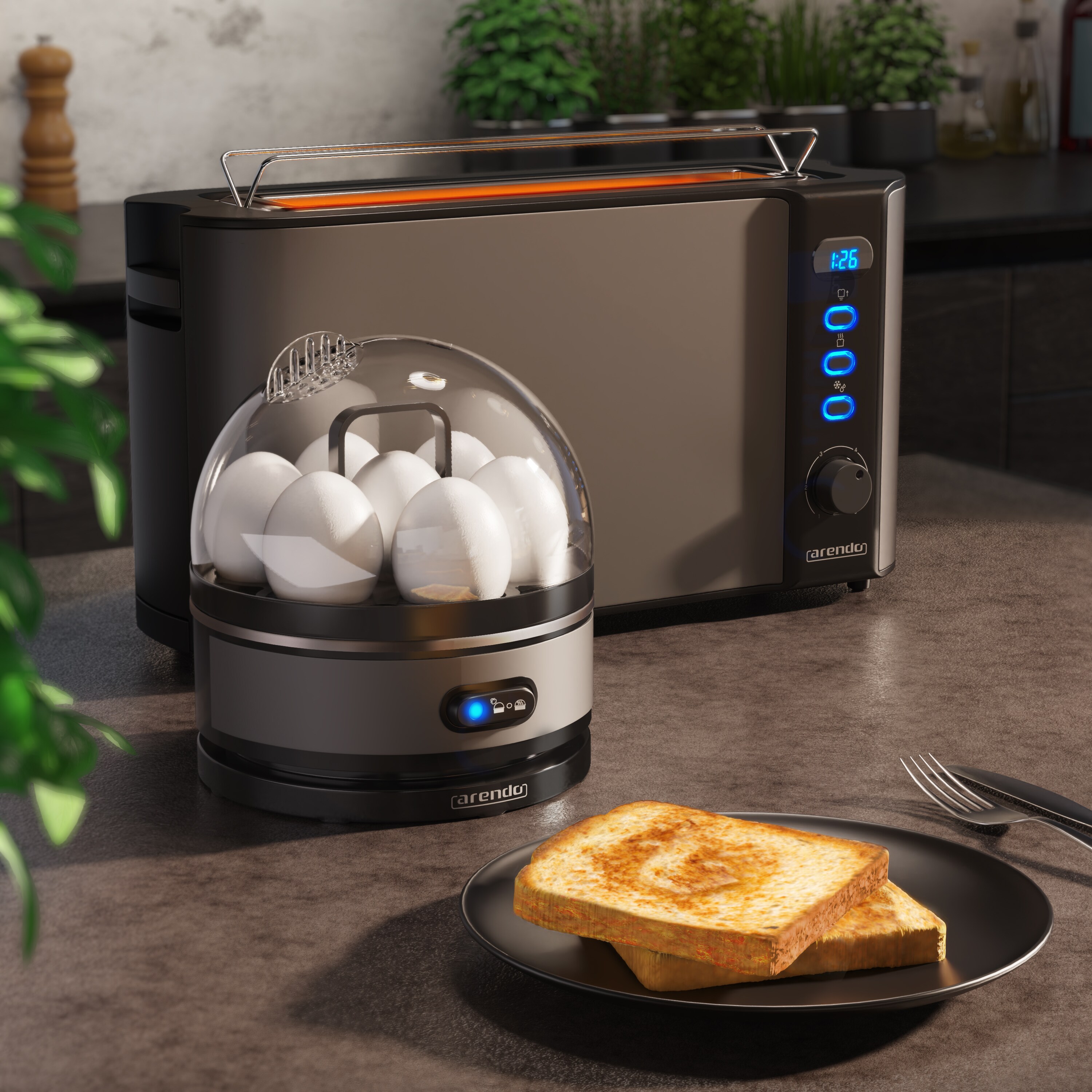 Arendo - SET Toaster FRUKOST mit Eierkocher SEVENCOOK Edelstahl Grau, Toaster 2 Scheiben, LED-Display, 6 Bräunungsgrade, Brötchenhalter - Eierkocher