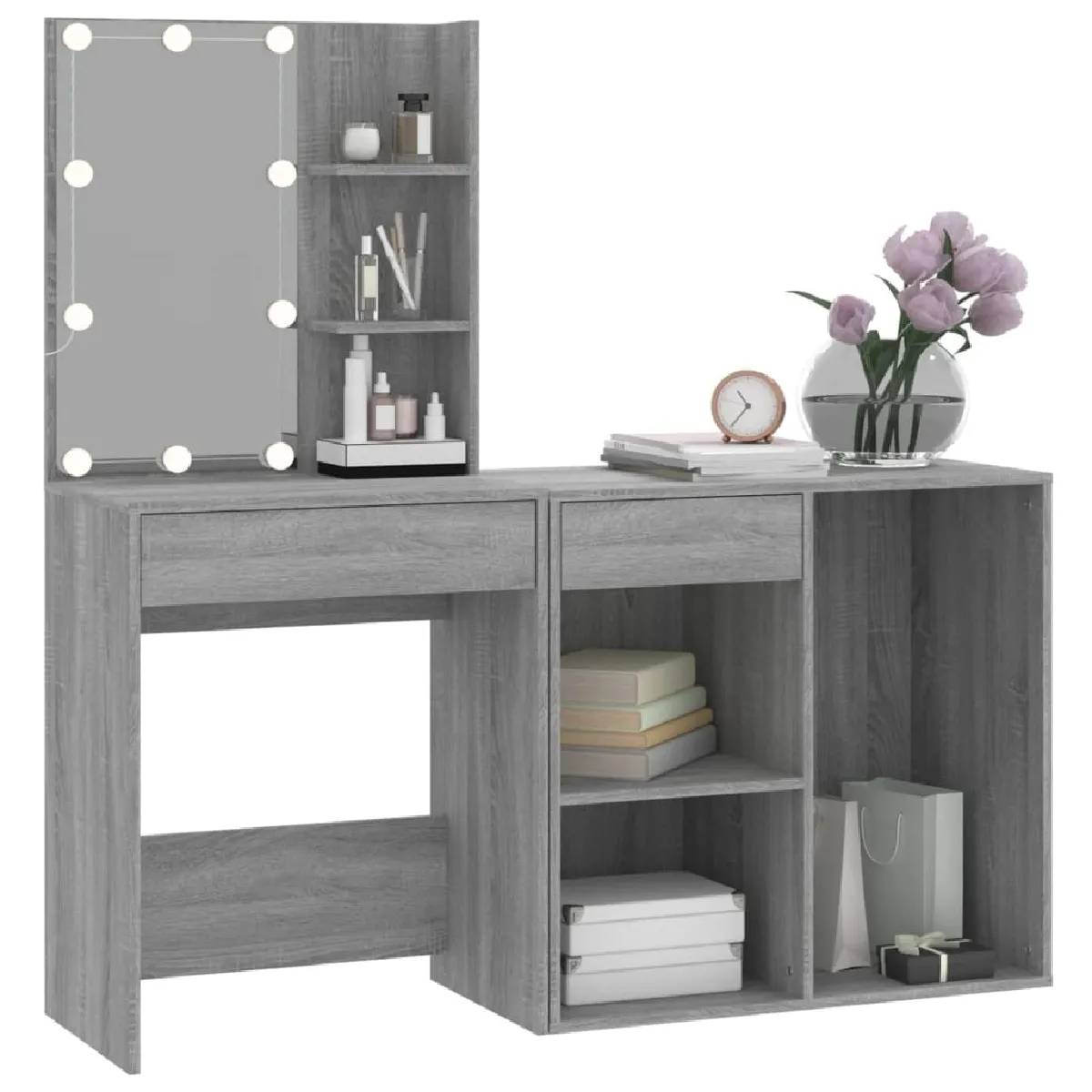 vidaXL Coiffeuse LED avec Armoire - Sonoma Gris