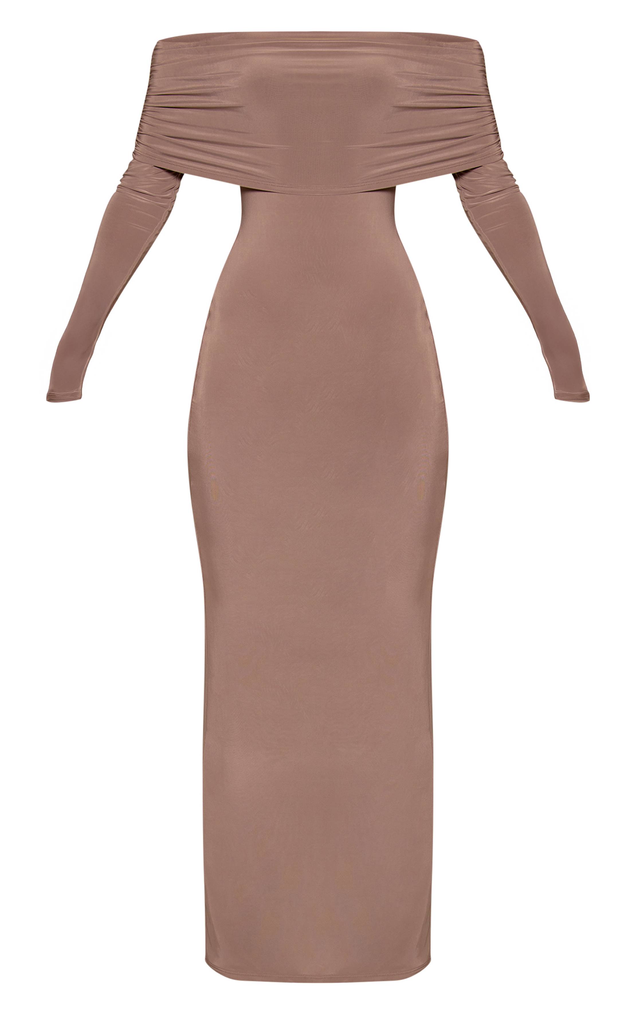 Taupe Robe Longue Bardot En Tissu Slinky Double Couche