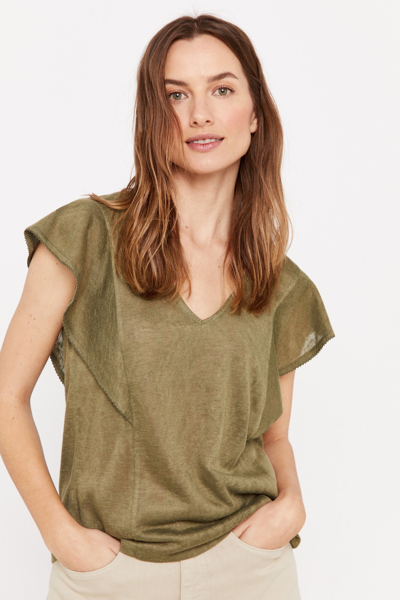 Camiseta com babados e efeito linho - Cáqui