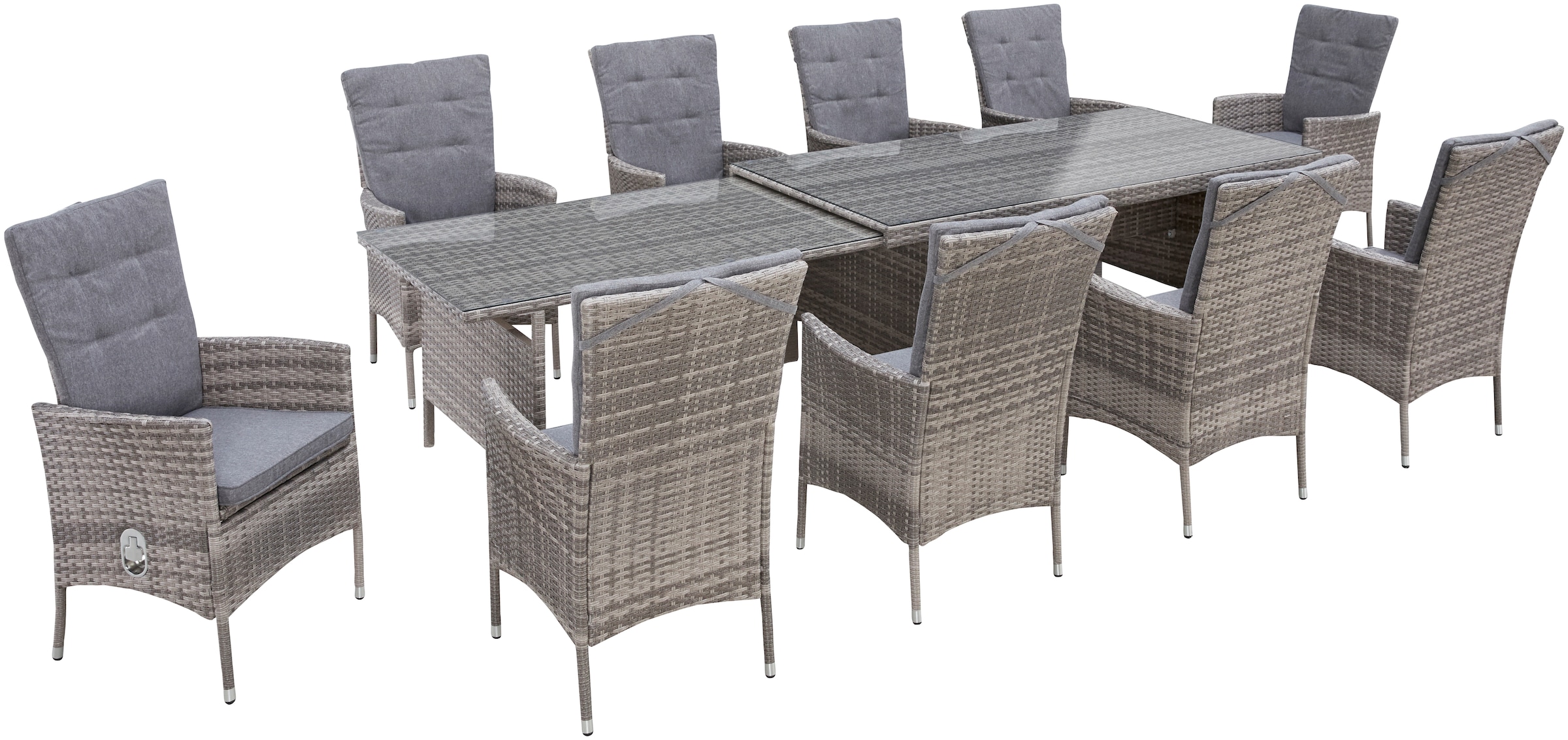 KONIFERA Garten-Essgruppe »Belluno« 10x Sessel, 1x AZ-Tisch 179-300x73/89cm, inkl. Auflagen, Polyrattan, 21 Stk. tlg. 2 der 10 Sessel stufenlos verstellbar, Tischplatte aus Sicherheitsglas