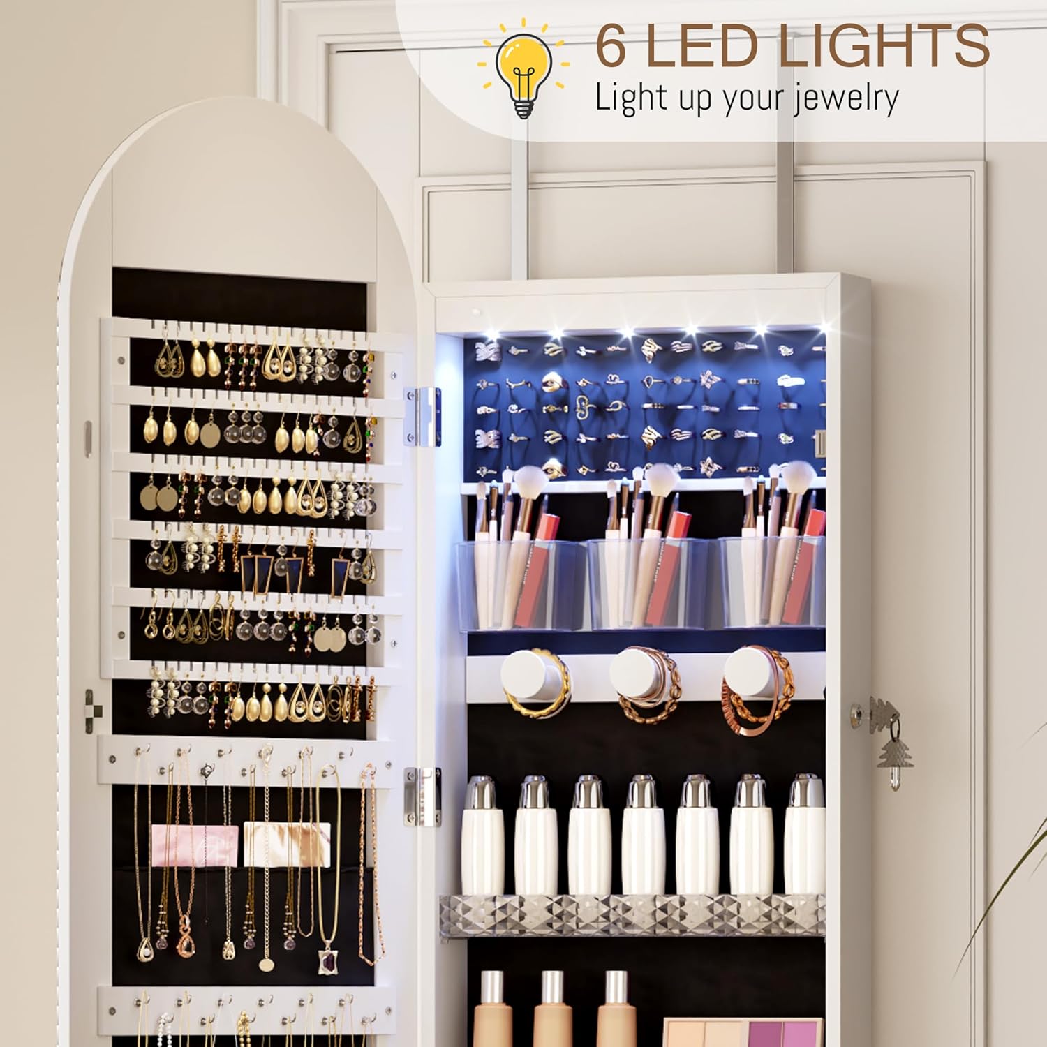 LVSOMT LED Gewölbter Schmuckschrank Hängend, Schmuckschrank mit Spiegel und Licht, Wand/Tür Hängend Schmuck Schrank Abschließbarer, Bogen Spiegel mit 3 Farben Licht, Höhenverstellbarer Haken, Weiß