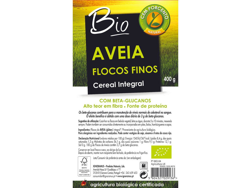 FLOCOS CEM PORCENTO DE AVEIA FINOS BIO 400G