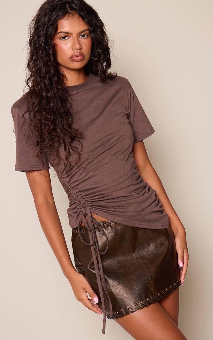 Marron Foncé Mini-jupe Tressée En Synthétiquecuir