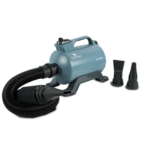 Secador ejetor profissional Ibanez Atlas para tosa de cães, com mangueira longa e extensível.
