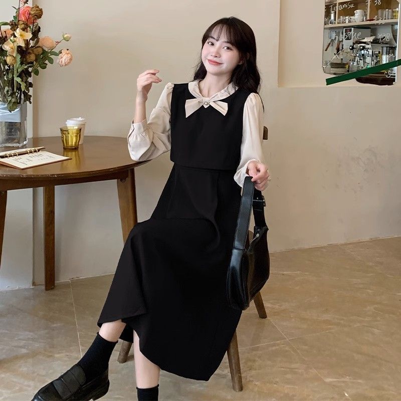 Cossita - Mock Two-Piece Long-Mouw Two Tone Bow Midi A-Line Jurk