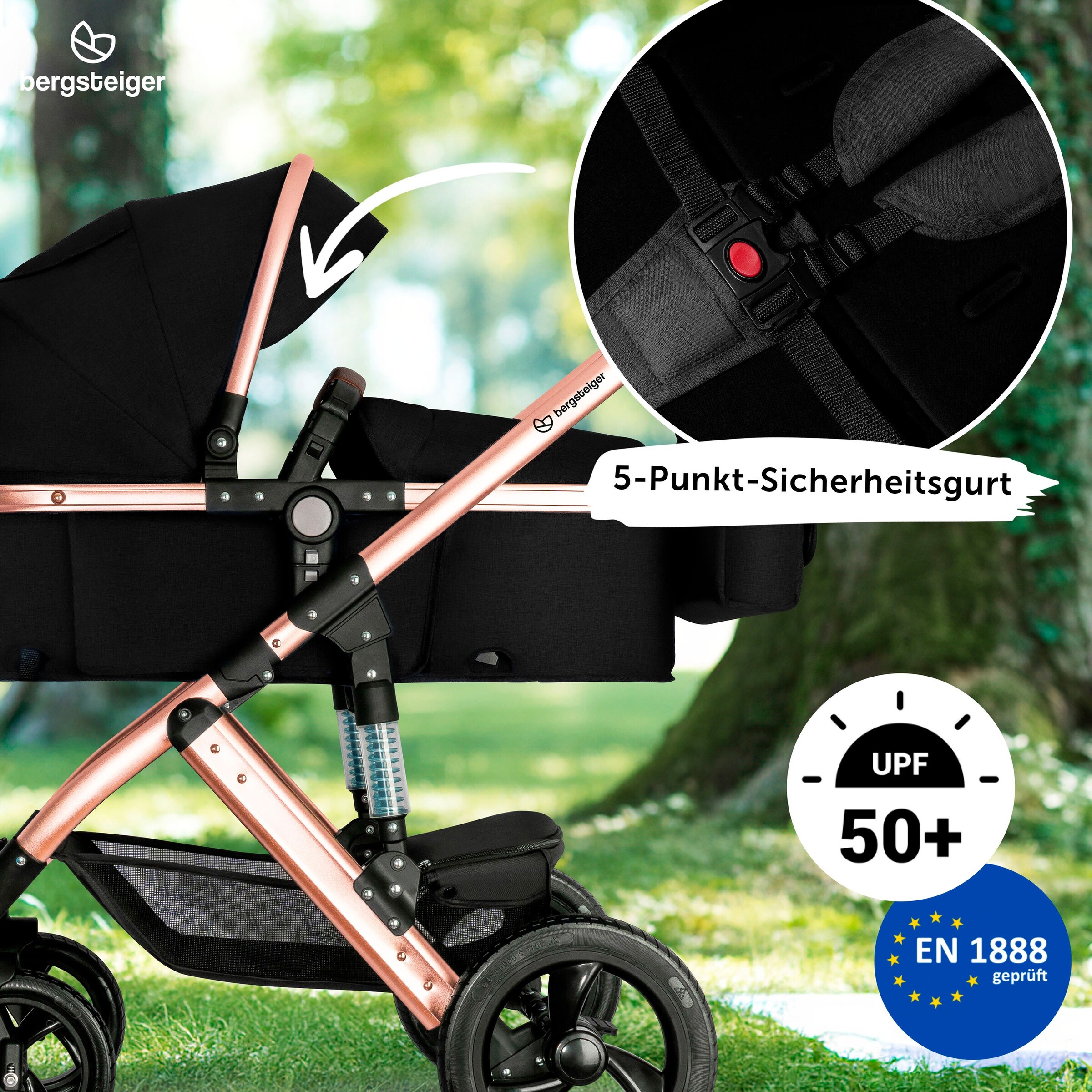 Bergsteiger Kinderwagen Nizza black | Gestell: rose golden
