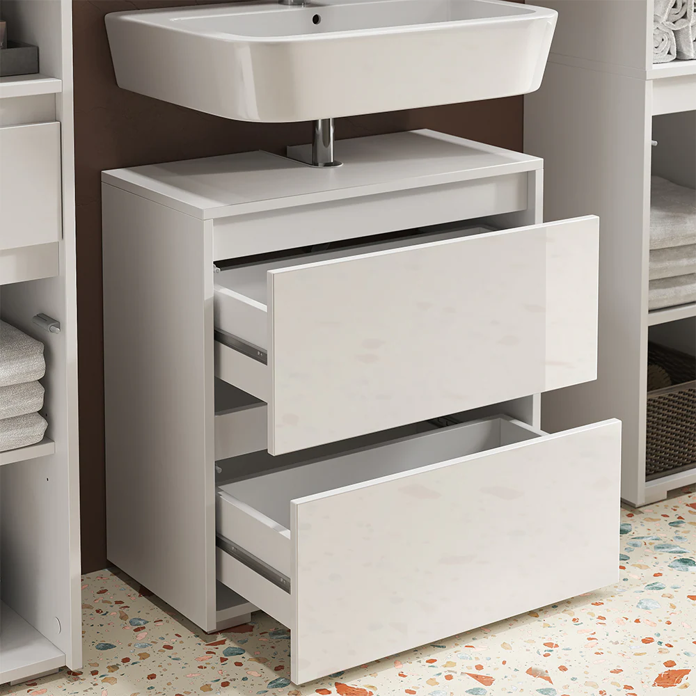 Vicco Waschtischunterschrank Waschbeckenunterschrank Majest Weiß Hochglanz modern 60x62 cm Badezimmer Schrank Badschrank Badkommode Badmöbel 2 Schubladen