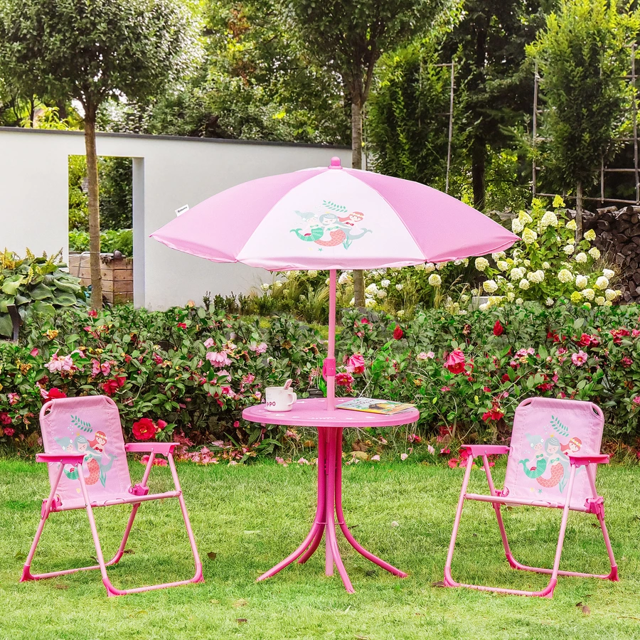 Outsunny Kindersitzgruppe mit Tisch und Sonnenschirm rosa