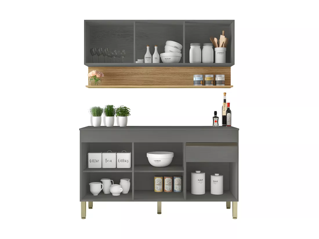Cuisine Equipée 6 Portes 1 Tiroir Chêne et Gris L 120 H 200 P 53.3 cm
