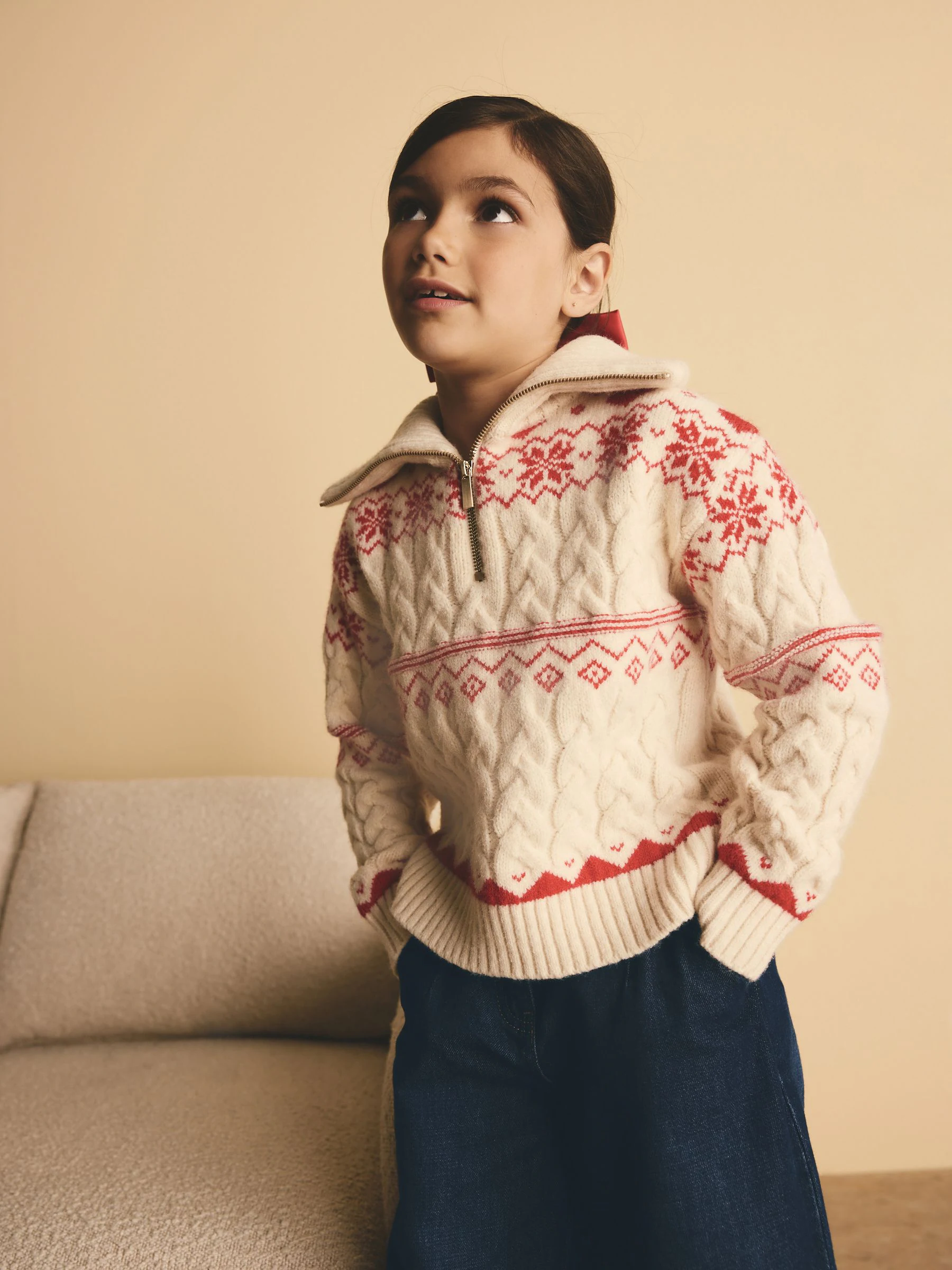 Rood - Trui met Fairisle-motief en hals met rits (3-16jr)
