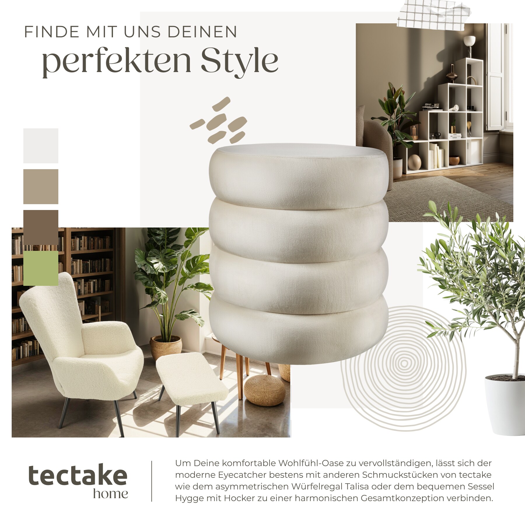 tectake® Sitzhocker, rund, weicher, pflegeleichter Bezug, 42 x 42 x 47 cm