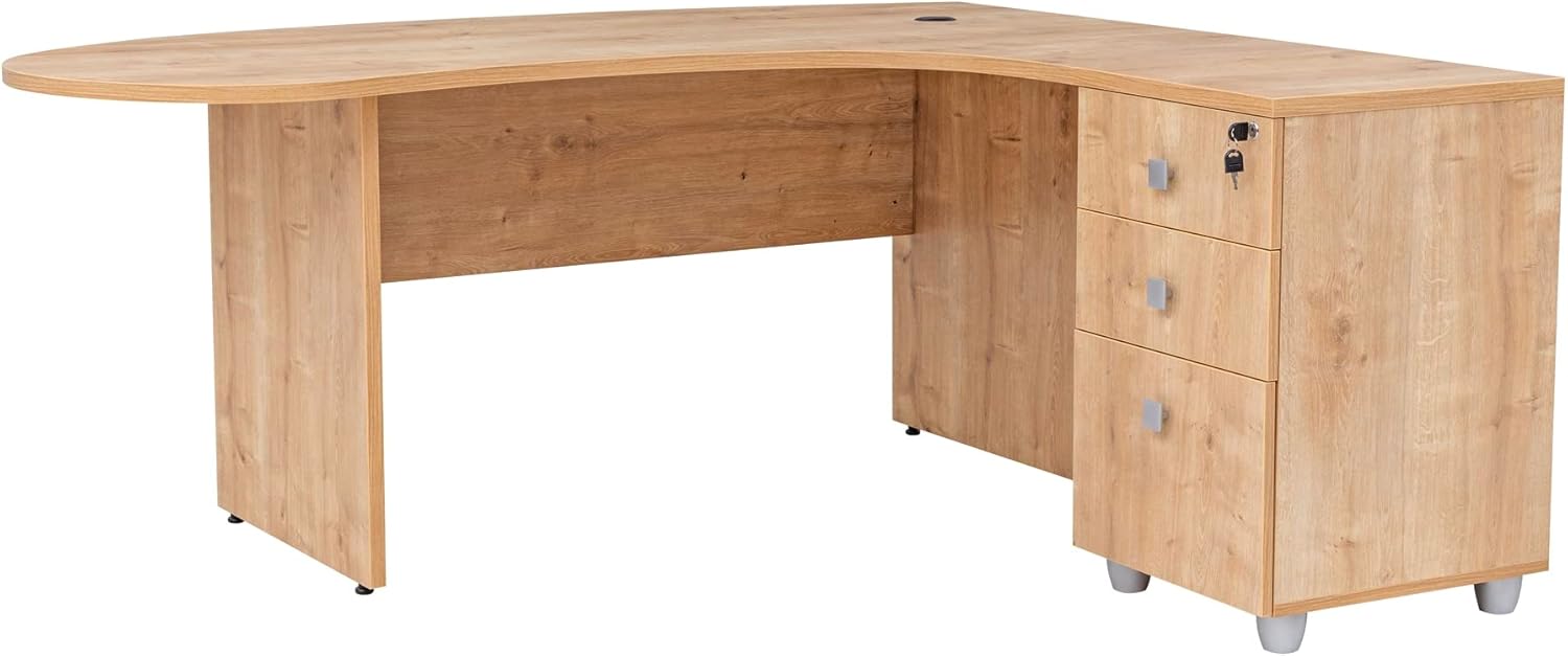 Furni24 Schreibtisch Chefschreibtisch Winkeltisch PC Tisch Moderner Bürotisch Computertisch mit großer, Holzbeinen, Arbeitsfläche Gela Eiche Dekor rechts gewinkelt Ink.Beistellcontainer mit Schubladen