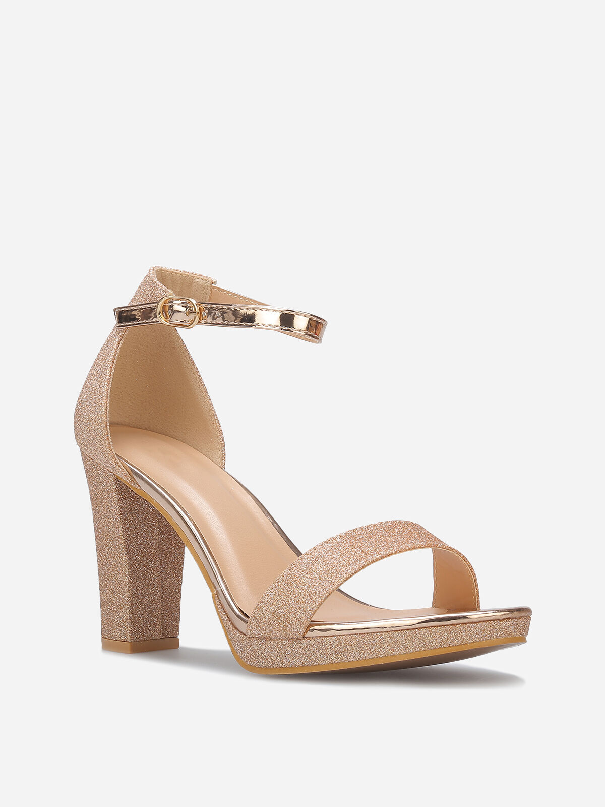 Sandales pailletées et vernies à talon- Doré rose