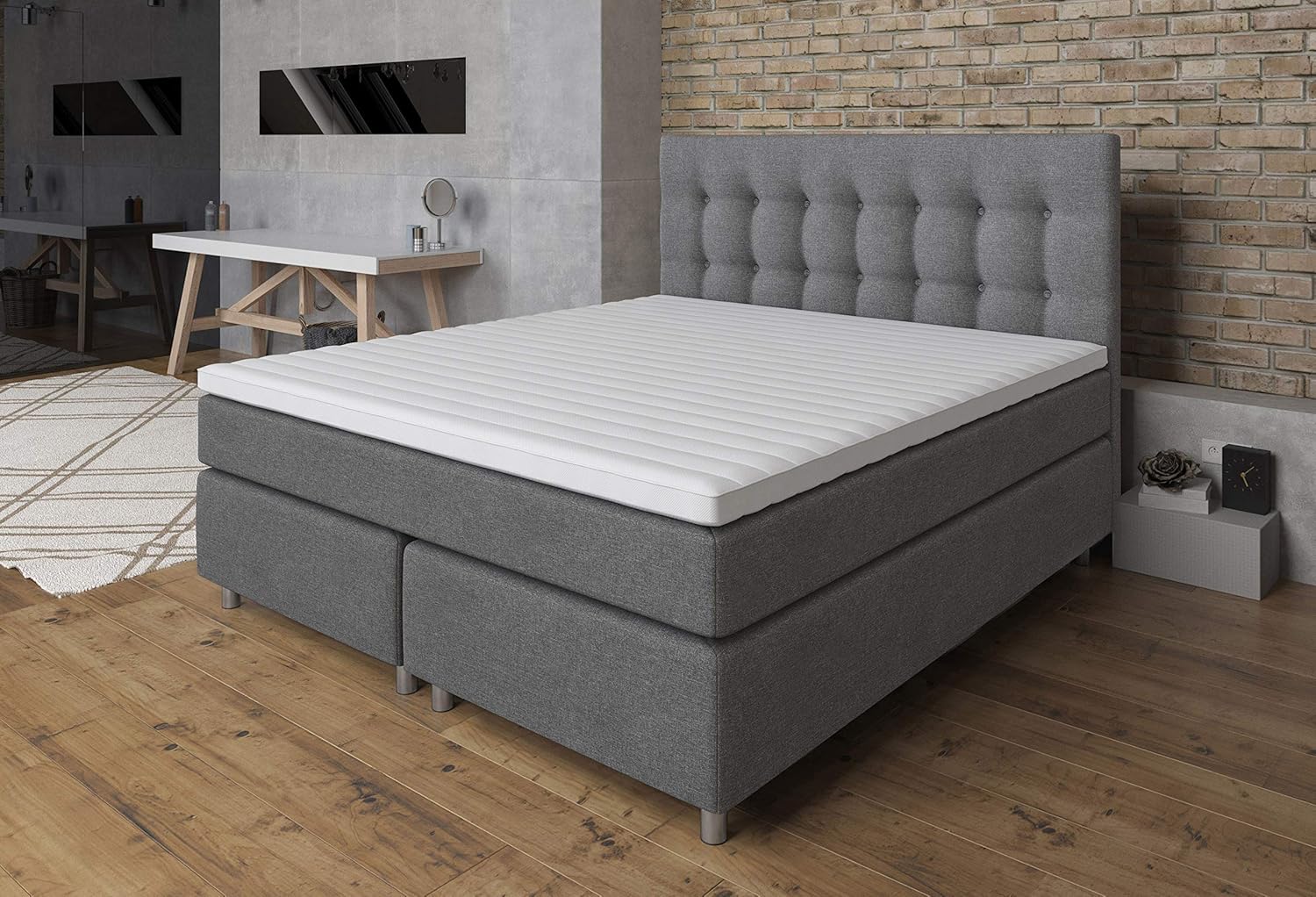 Tesla Dreams Boxspringbett 160x200 Ronda, 7 Zonen Taschenfederkern-Matratze H2/H3, 5 Jahre Garantie, Topper Komfortschaum, Unterbau Taschenfederkern, Montage verfügbar, Grau