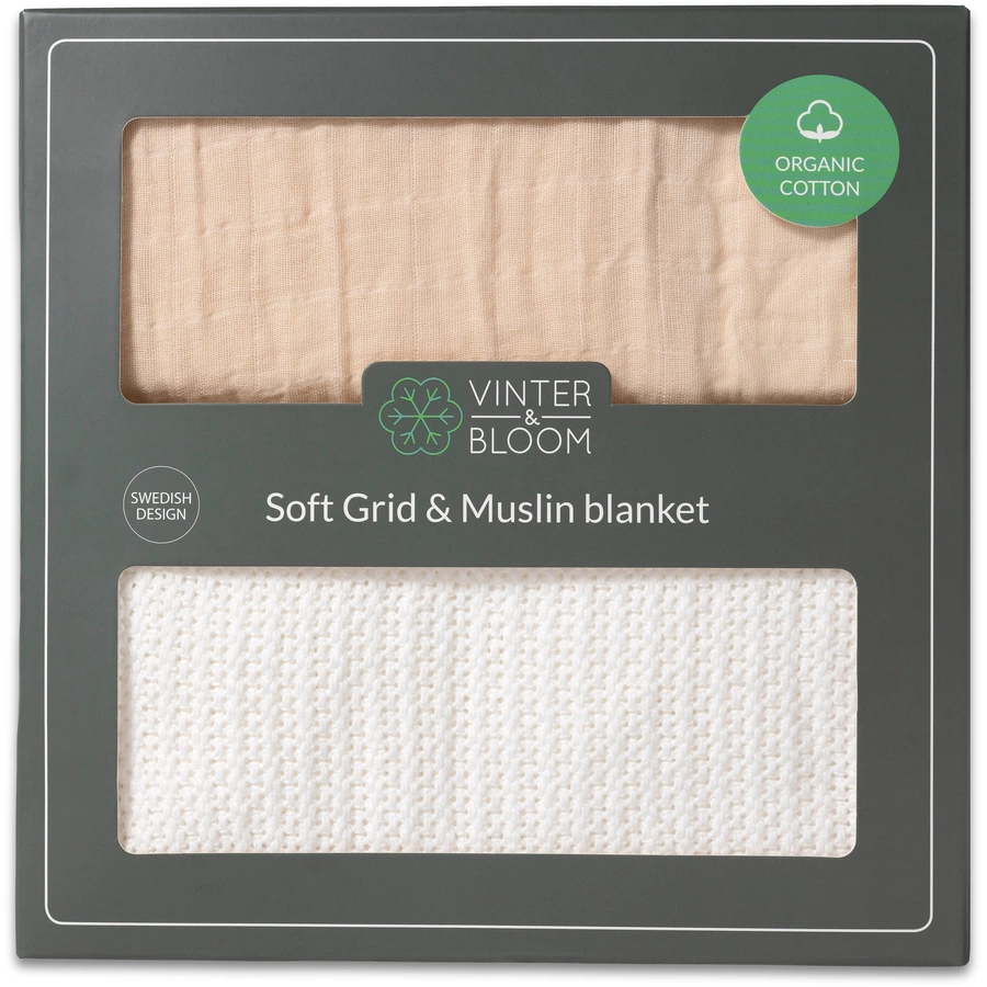 VINTER&BLOOM Geschenkset Kuscheldecke Soft Grid & Musselindecke Bright WhiteBeige