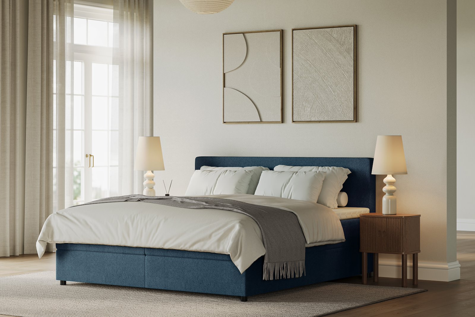 Premium 10 oppbevaringsseng 140x200 cm Magasinseng med oppbevaring, åpnes fra siden. I tekstil terranova 21 blå, med medium/fast fasthetsgrad og premium 10 overmadrass,sorte ben. Sengegavl selges separat.