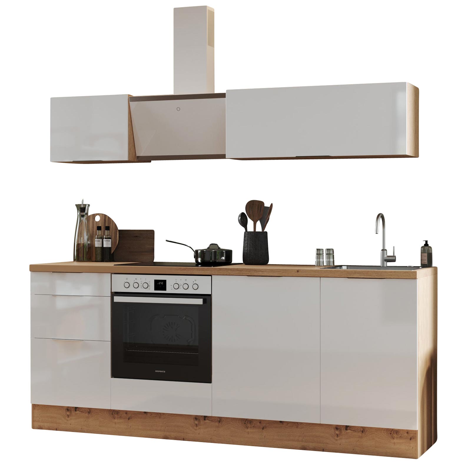 RESPEKTA Küchenblock - weiß Hochglanz - Artisan Eiche - mit E-Geräten - 220 cm