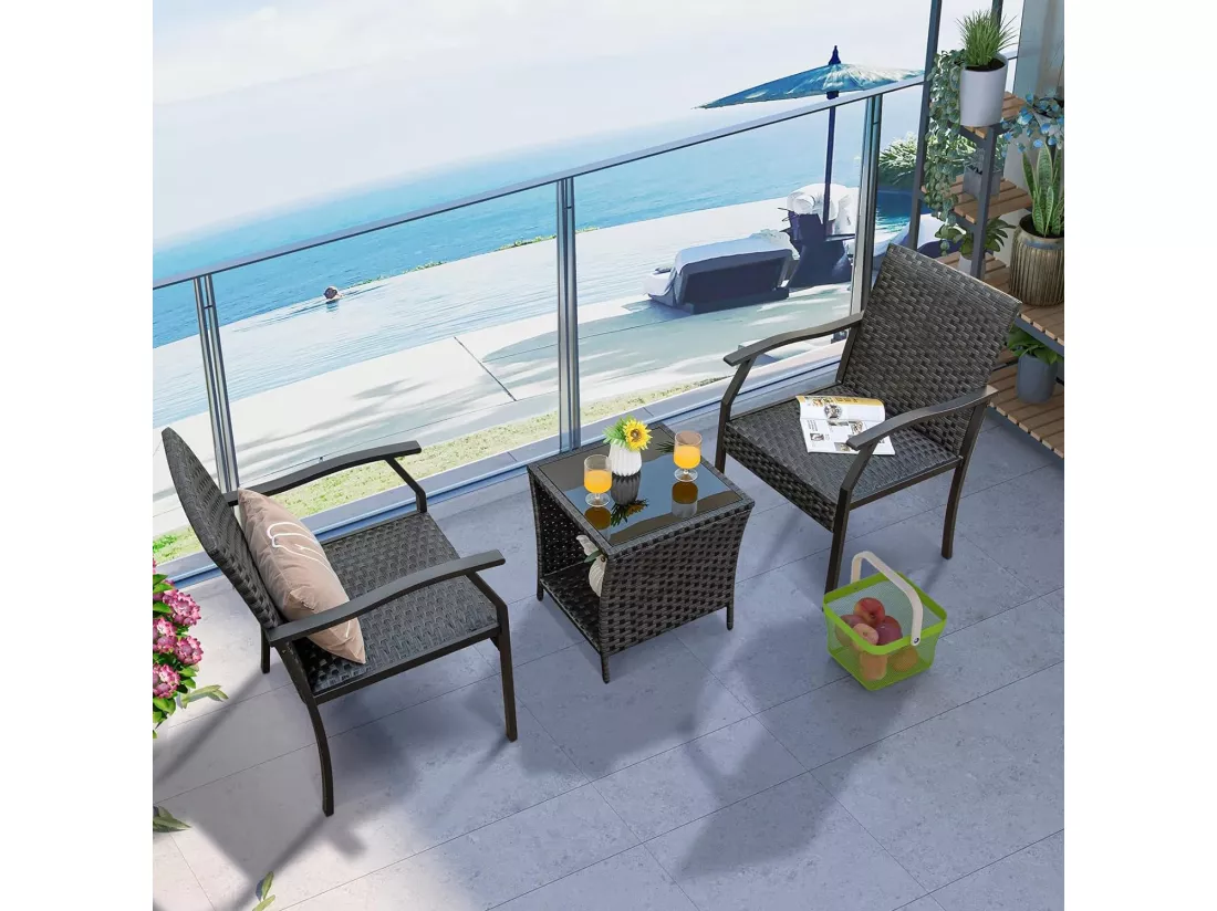 Ensemble de Meubles 3 Pcs de Patio en Rotin et fibre naturelle Tissé Charge 150KG, Salon de Jardin 2 Fauteuils avec Siège Rembourré Table Basse Plateau en Verre Trempé, pour Jardin Balcon