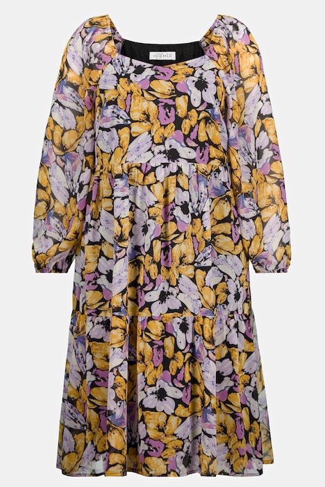 Blumen-Kleid, A-Line, Carree-Ausschnitt, Langarm, Jersey-Unterkleid