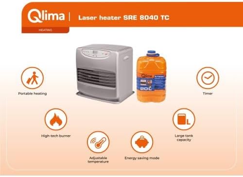 Qlima Paraffin Heizofen - Laser Kachel - mobil (12,1 kg), Thermostat & Timer, Fuzzy Logic & Spaarmodus, Kindersicherung & Kippschutz - für Innenräume & Camping - SRE 8040 TC – Silber