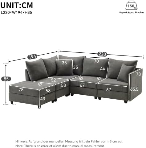 Modulares Ecksofa 5-Sitzer mit Hocker – verstellbar L- & U-Form, große Wohnlandschaft, Federkern Sofa, Baumwolle-Leinen Bezug, Grau