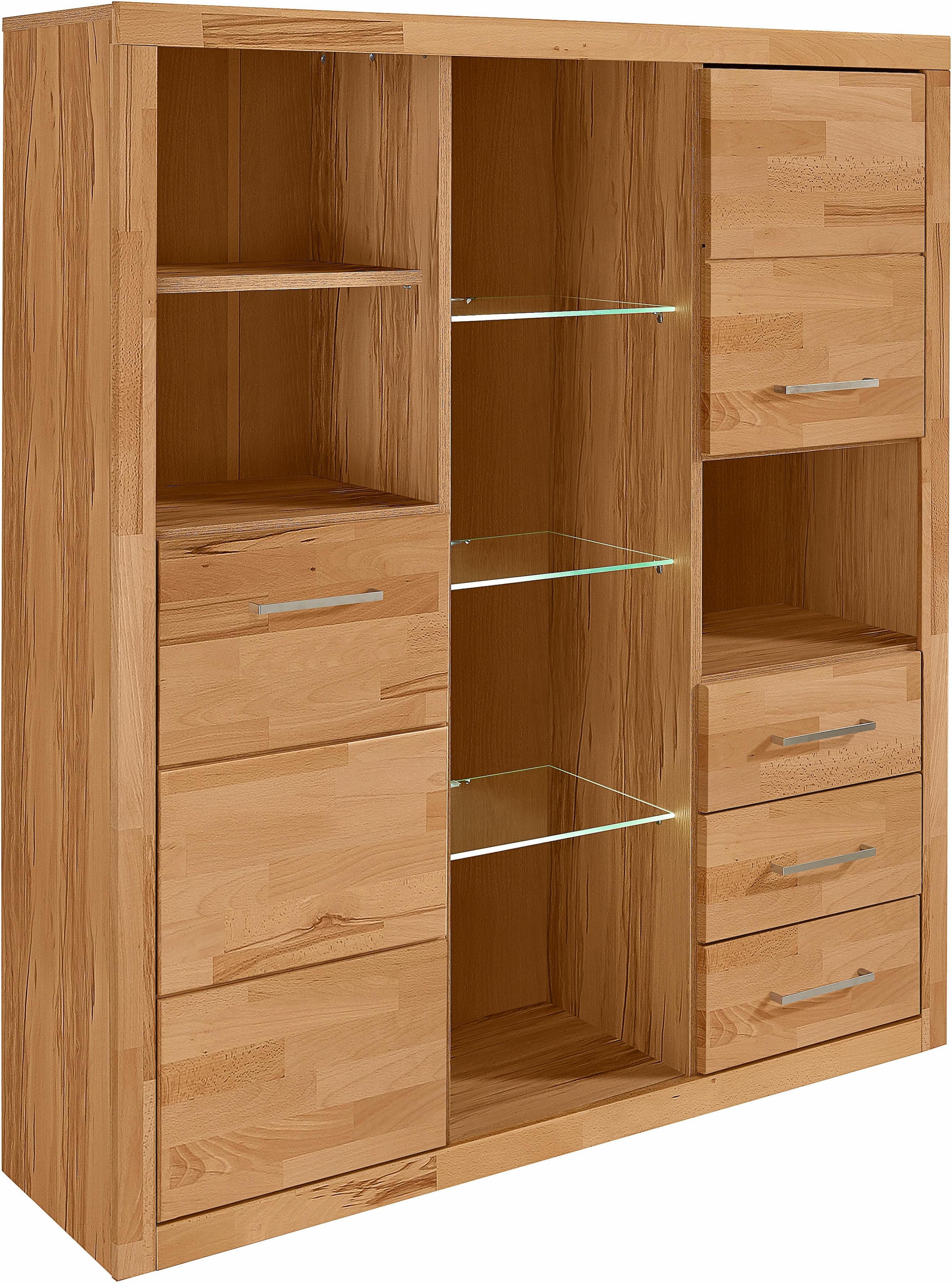 Home affaire Highboard »Ribe,130cm breit145cm hoch,Fronten Massivholz,12 Fächer« Korpus  aus Holzwerkstoff, Metall Griffe,Böden versetzbar