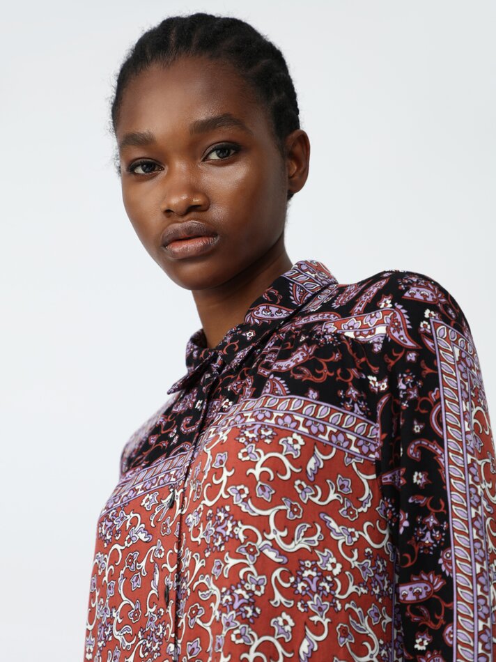 Vestido camisa estampado - Preto/laranja