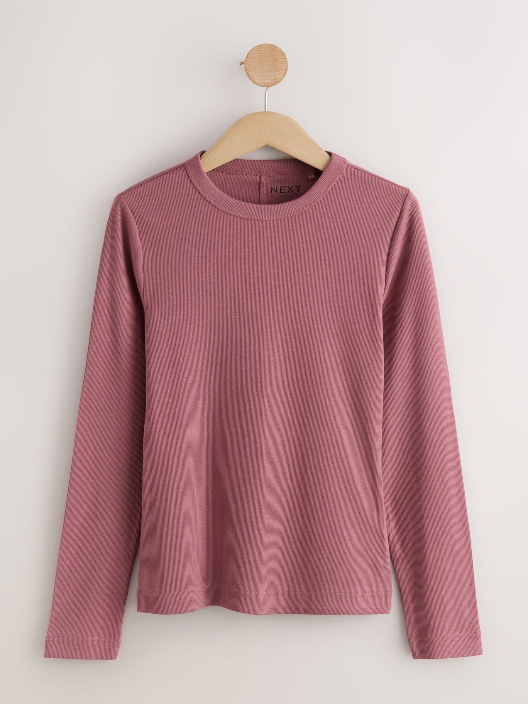 Purple/Teal/Pink - Long Sleeve Ribbed Crew Neck T-Shirts 3 Pack