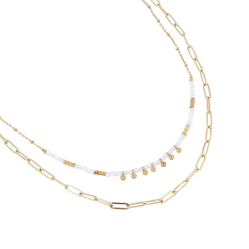 Collier fin en acier doré avec perles blanches
