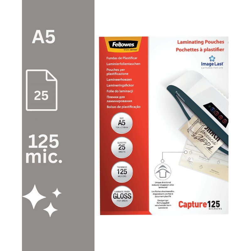 Pochettes de plastification Fellowes A5 2 x 125 µ brillantes - Boite de 25