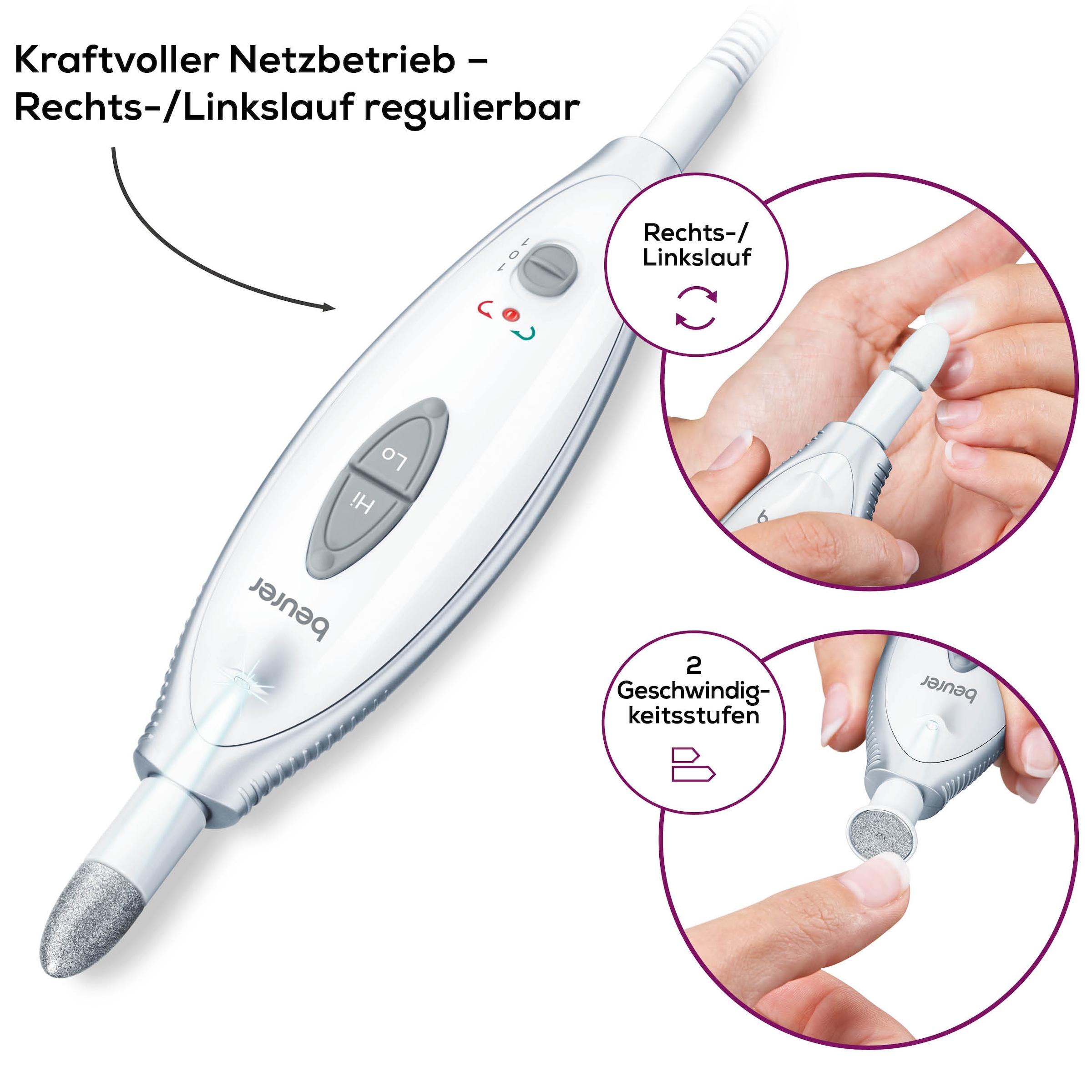 BEURER Maniküre-Pediküre-Set »MP 41 elektrische Nagelfeile, für gepflegte Hände und Füsse zuhause« Inkl. 7 Aufsätze aus Saphir und Filz, mit LED-Licht und Etui