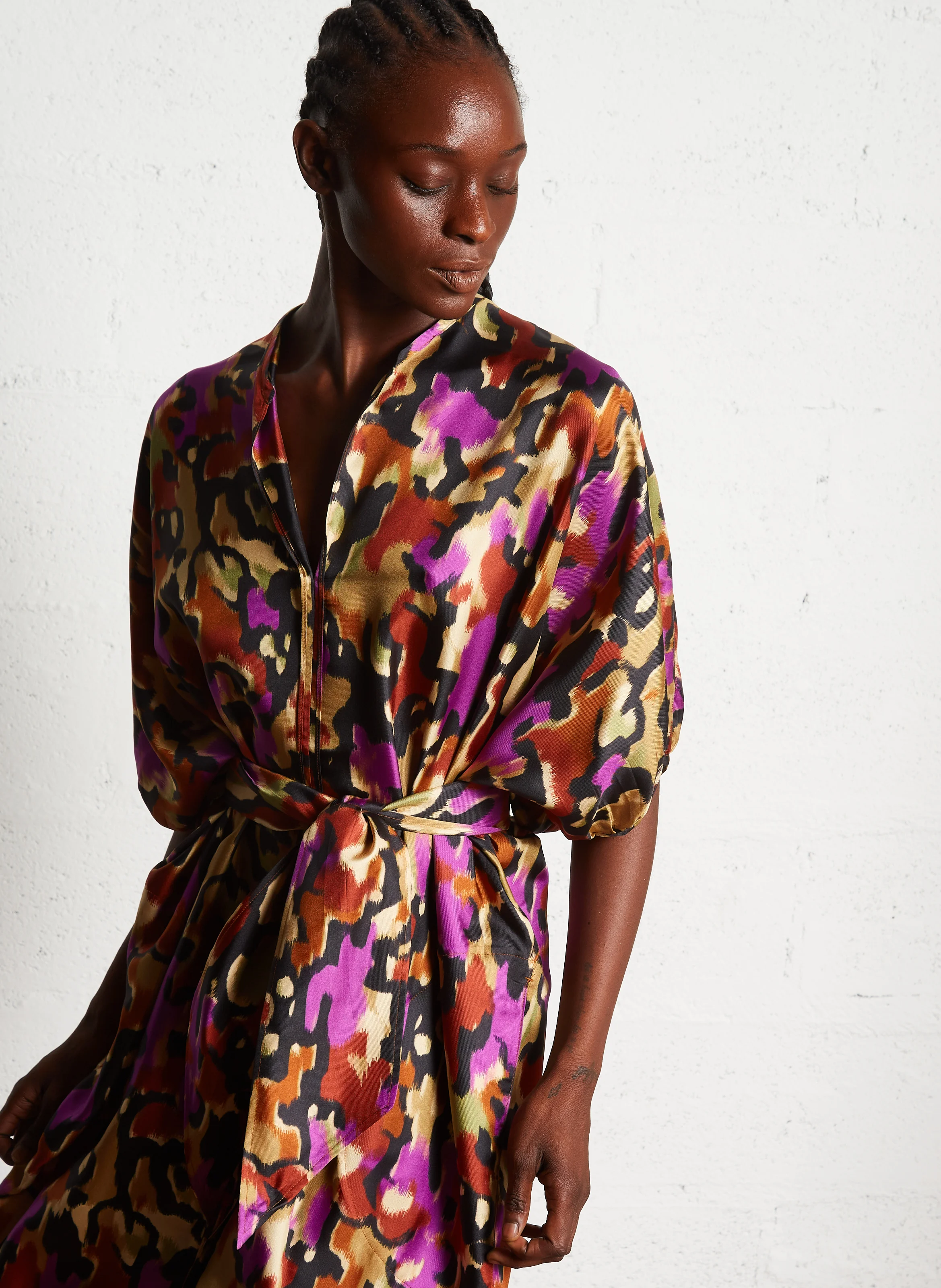 ALGER - Robe midi col V en soie | Multicolore