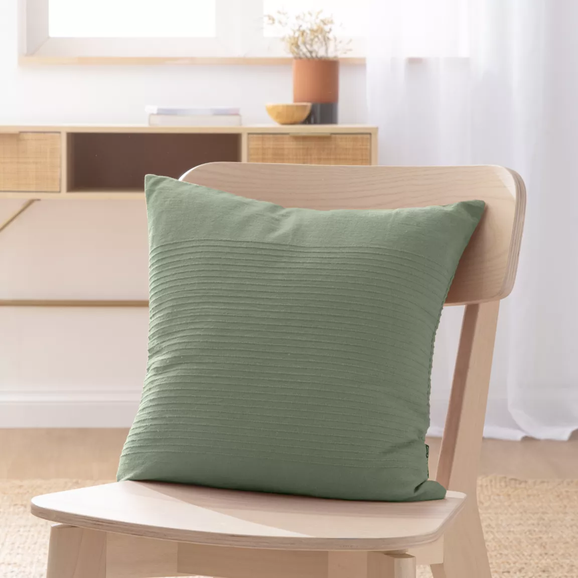 Housse de coussin carrée coton tissé (40 x 40 cm) Léa Vert romarin