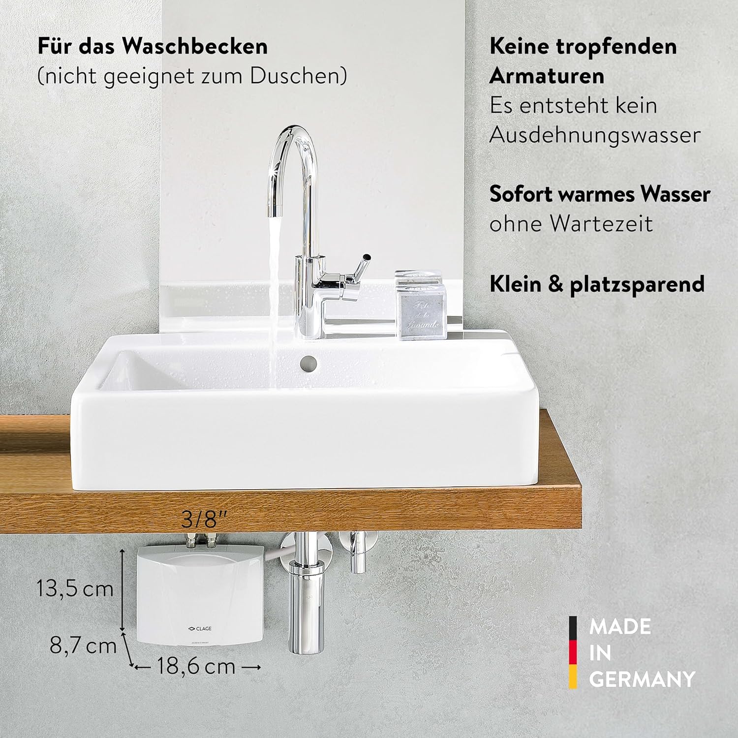 CLAGE M3 hydraulischer Klein-Durchlauferhitzer nur fürs Handwaschbecken, 3,5 kW, mit Stecker, nur für drucklose Armaturen, VDE-GS geprüft, 1500-17003