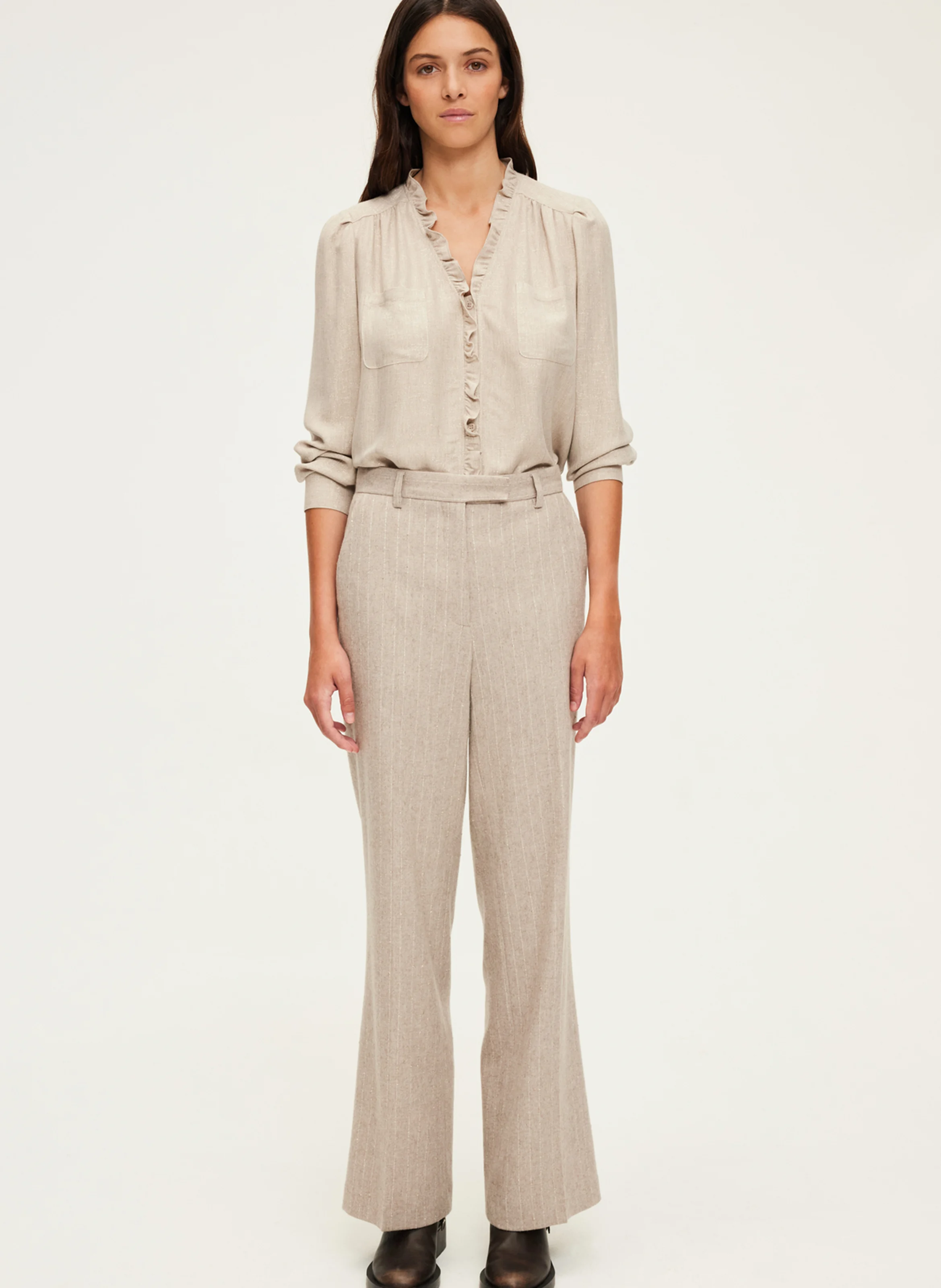 NAYLA - Pantalon large rayé en laine mélangée | Beige