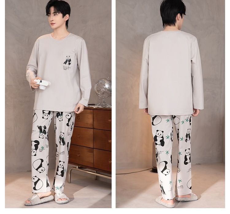 Featherbright - Pyjamaset: T-shirt met lange mouwen, ronde hals en pandaprint + broek