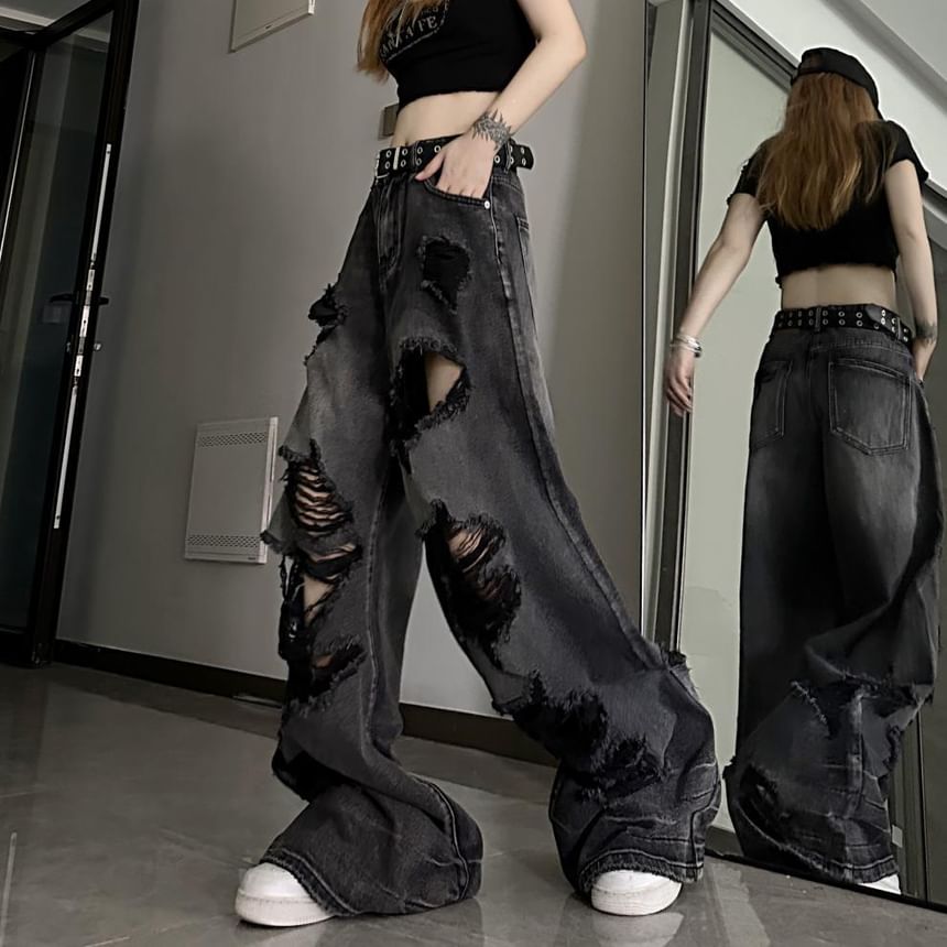 Chisan - Mid Rise Washed Ripped Wide Leg Jeans