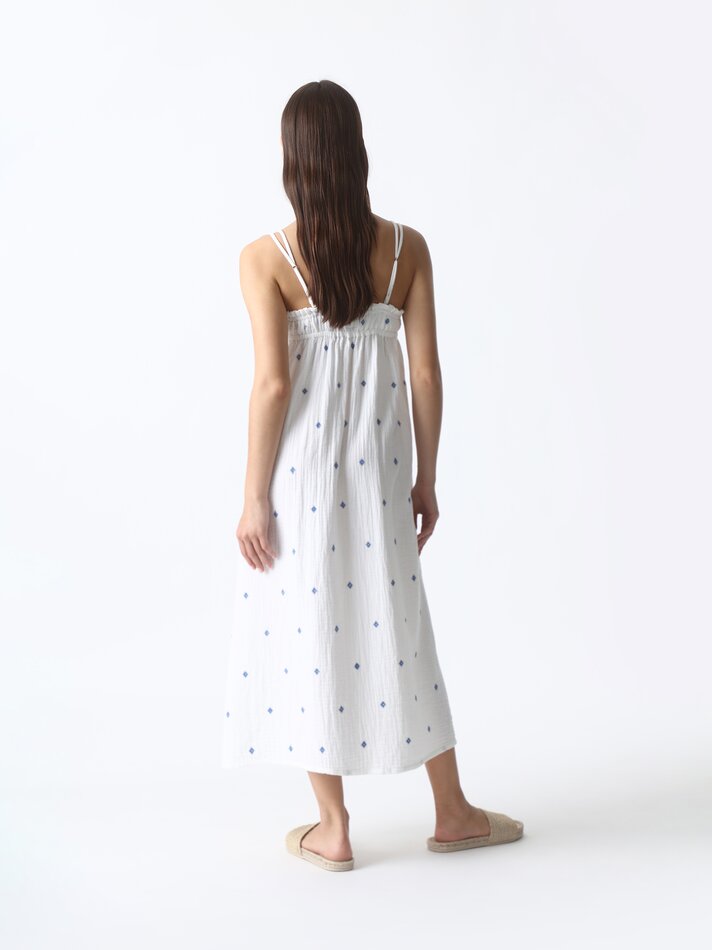Vestido longo com bordado - Branco-creme