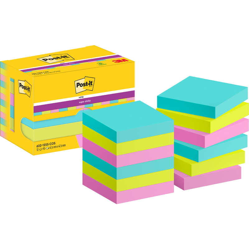 Post-it Haftnotizen Super Sticky Cosmic, 47.6 x 47.6 mm, 12 x 90 Blatt