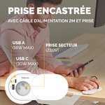 Prise de courant encastrée 60-80 mm pour plateau de bureau et table Power Spot, 1 x prise, 1 x USB-A 18W, 1 x USB-C 30 W+ couvercle coulissant