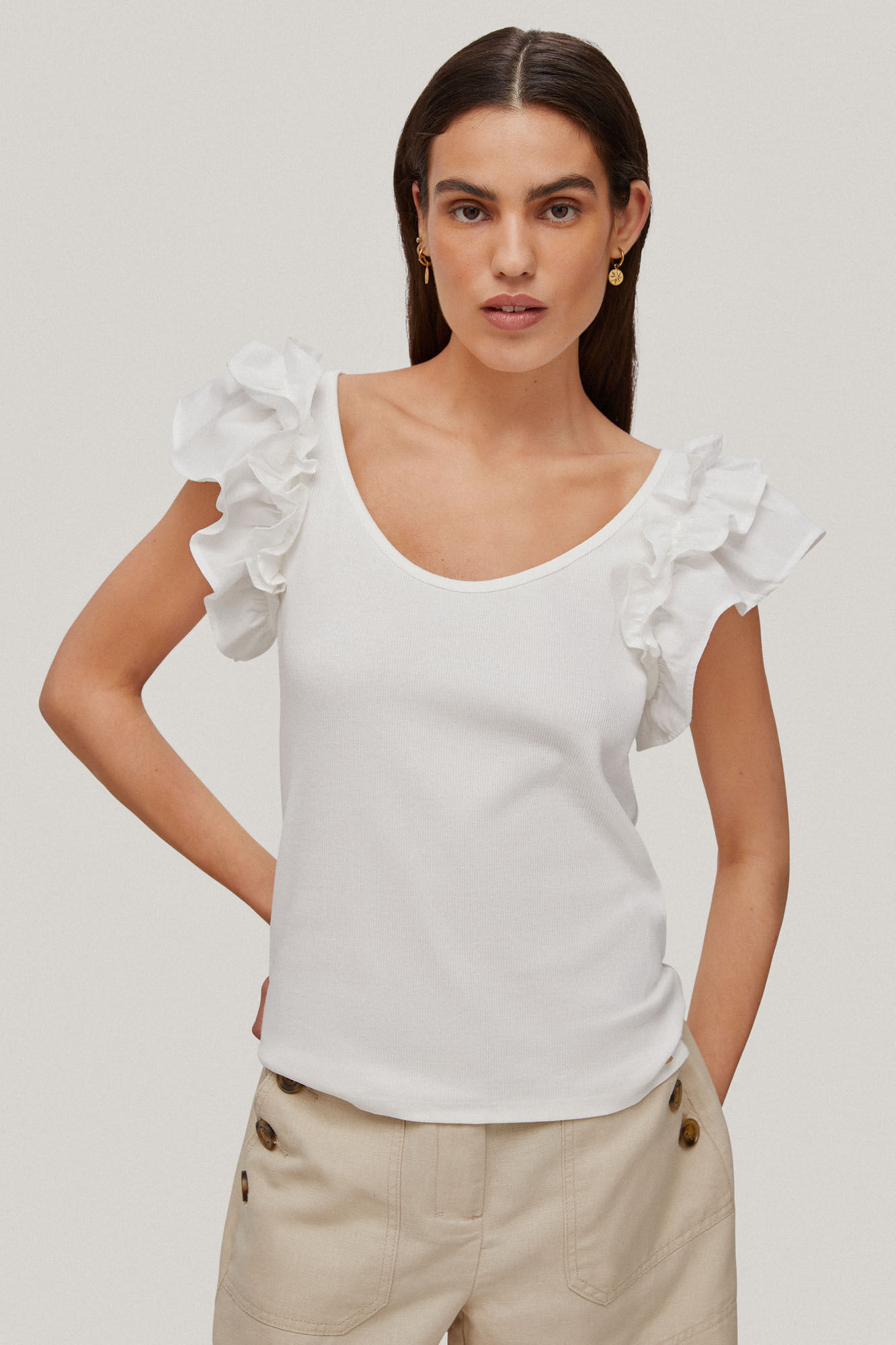 Regata com babados - Branco-creme
