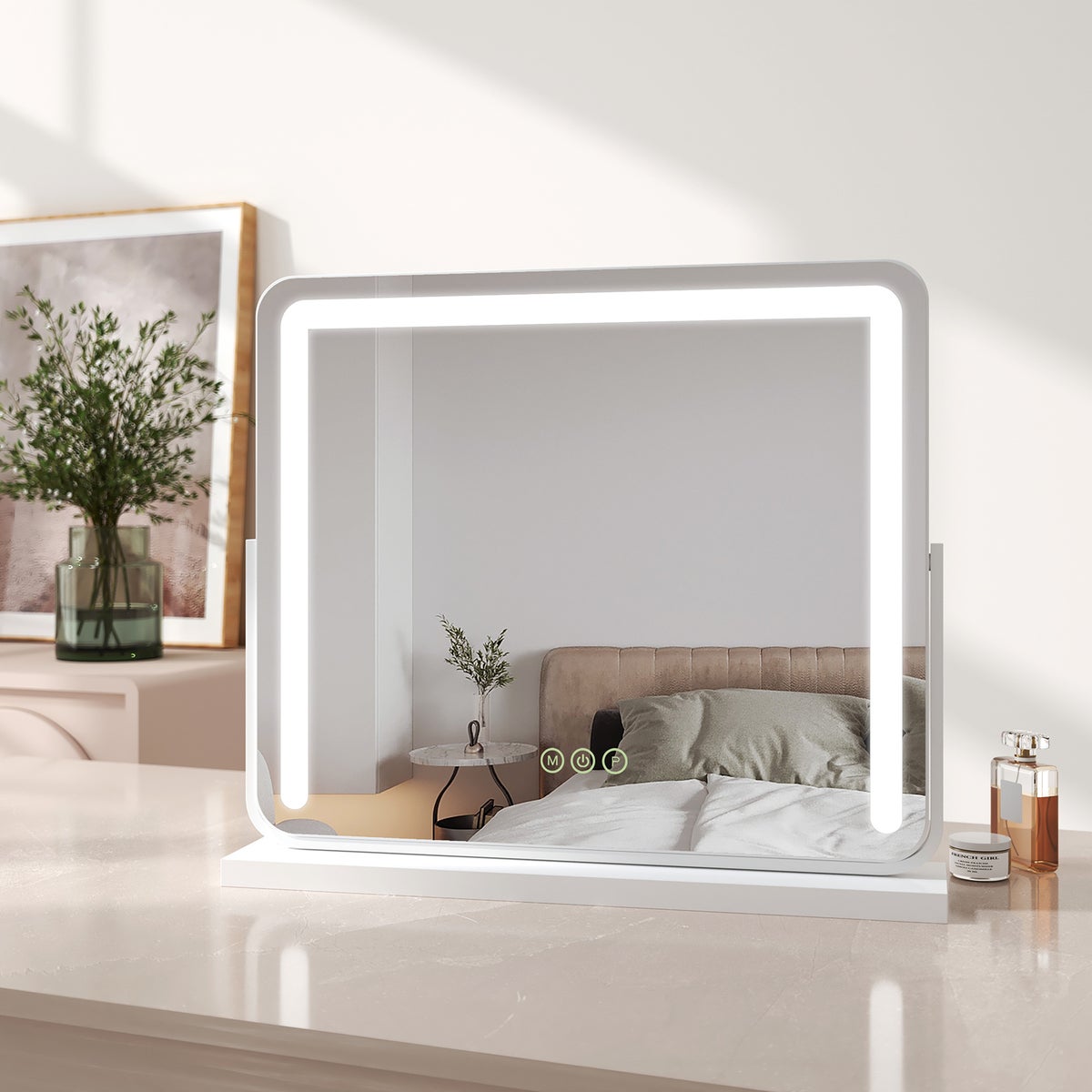 EMKE LED cosmeticaspiegel, vrijstaand model met touchschakelaar en geheugenfunctie, dimbare tafelspiegel 60x52cm, make-upspiegel 360° draaibaar, met 3 lichtkleuren, netvoeding, wit