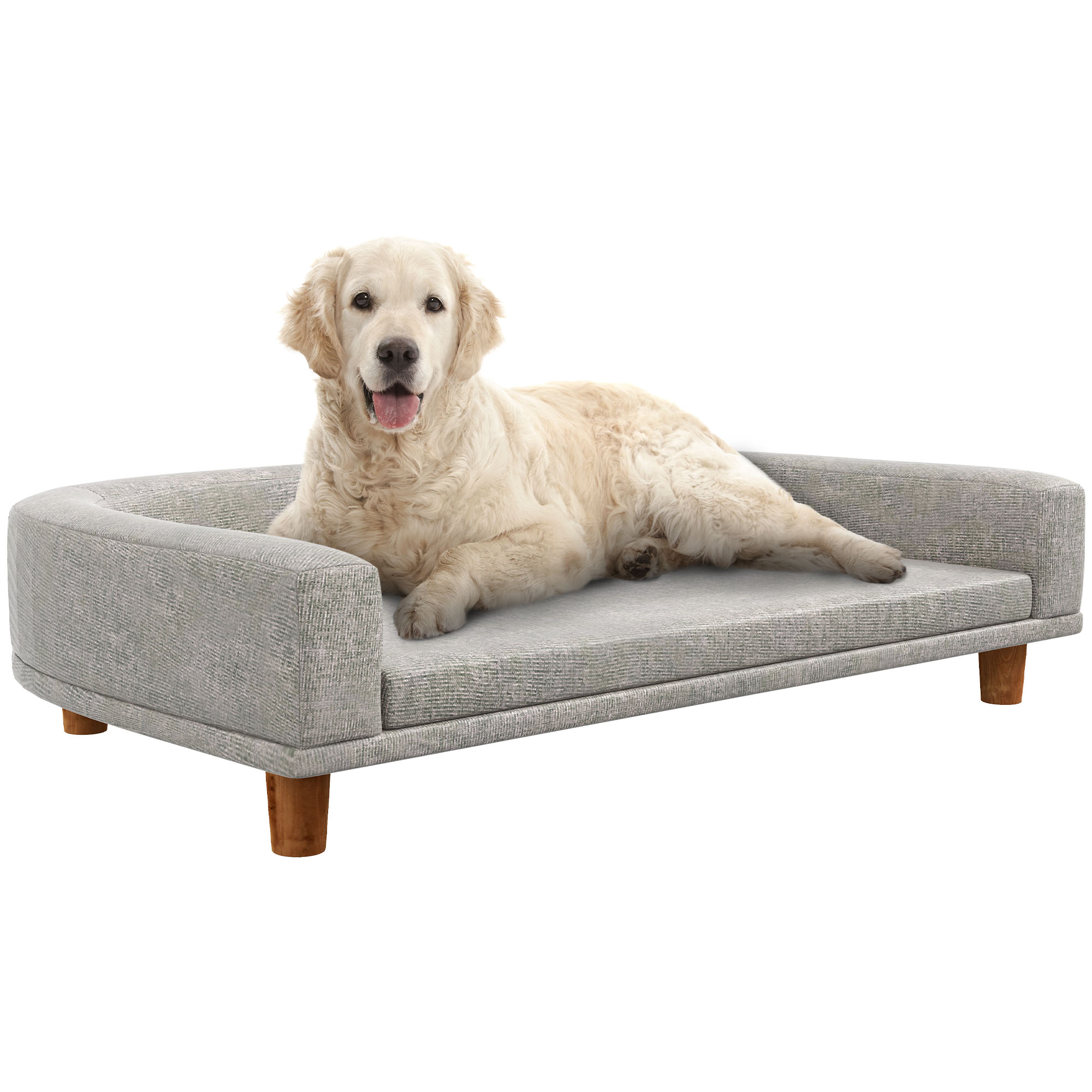 Sofá grande para cães PawHut, cama elevada estofada para cães com almofada lavável e pés de madeira de pinho, capacidade de carga de 40 kg, 98 x 67 x 25 cm, cinza.