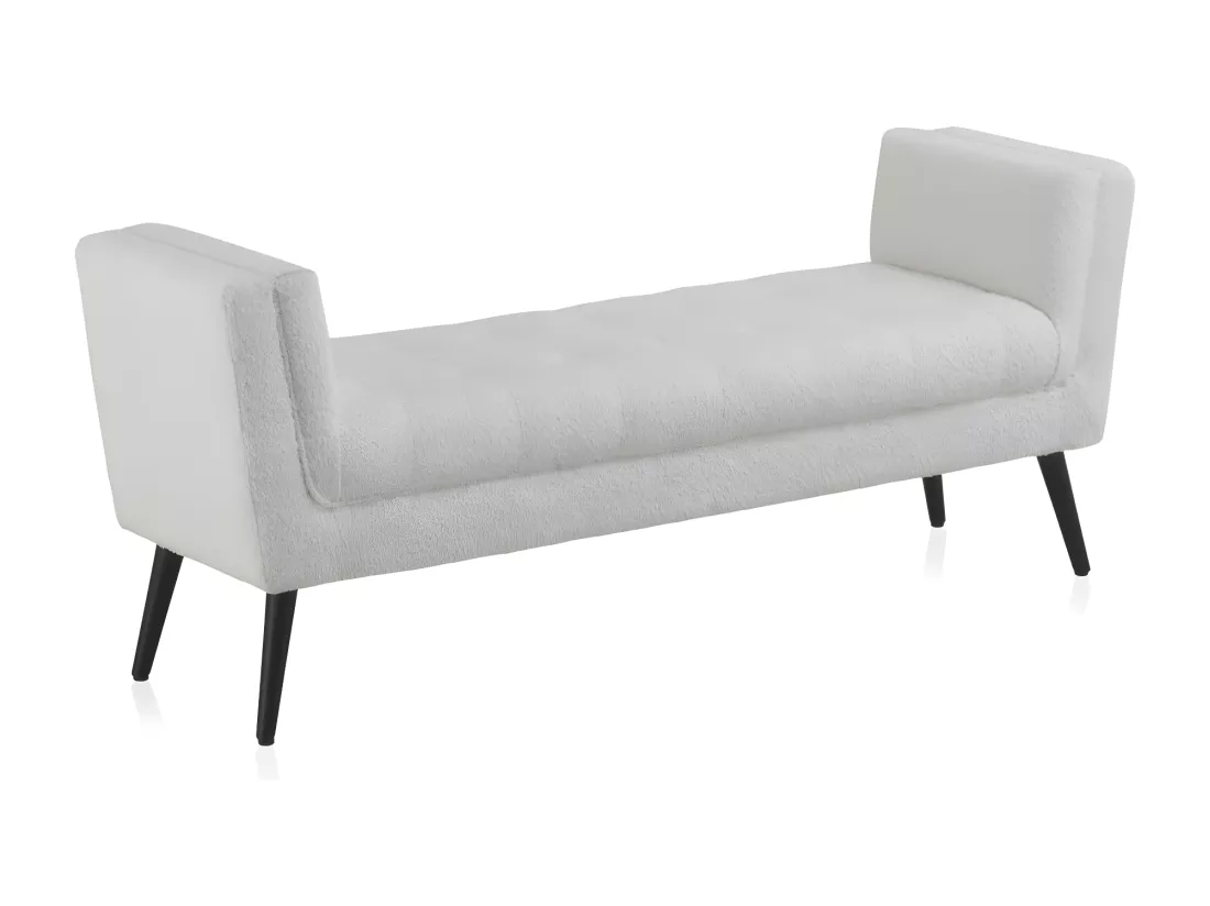Banc recouvert de tissu blanc et pieds en bois noir