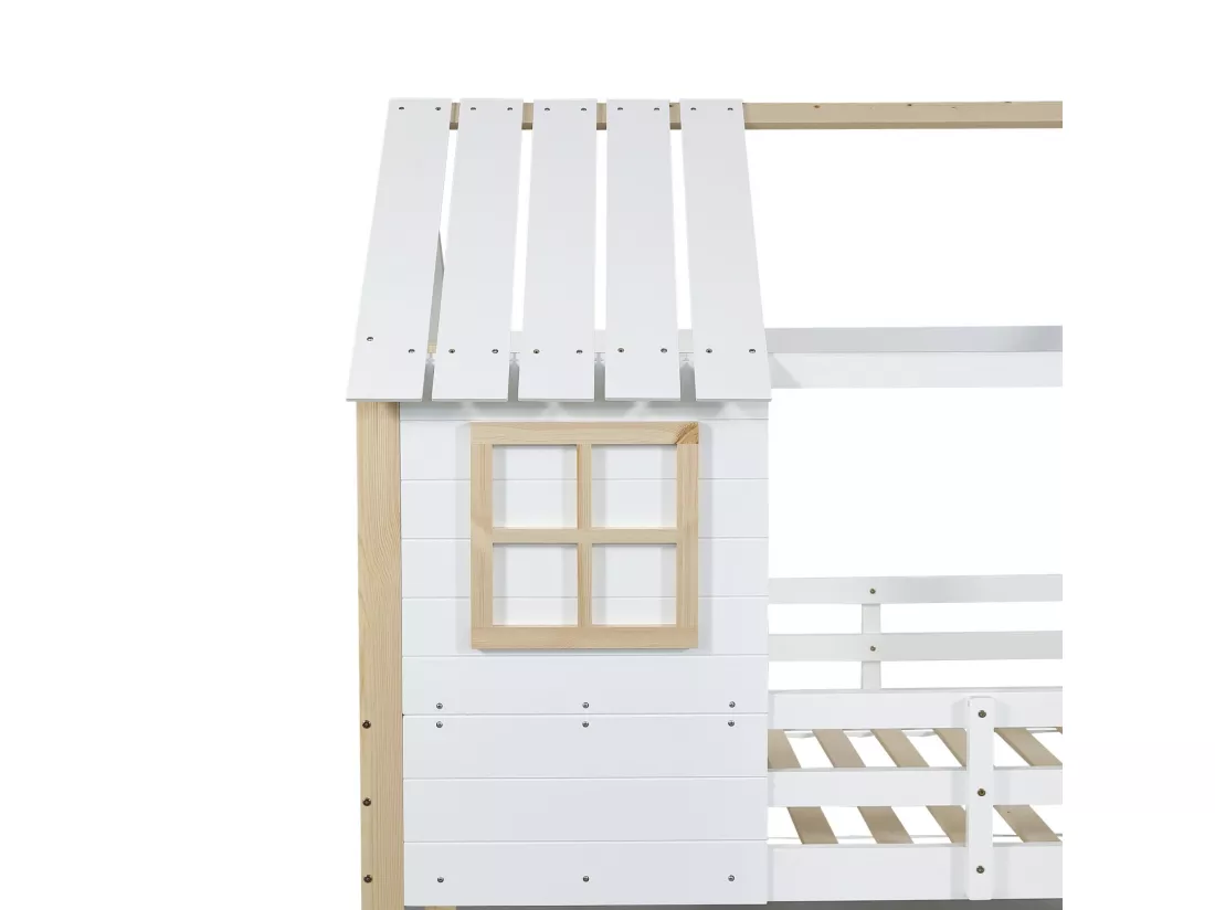 Lits superposés cabane avec escaliers d'angle et clôtures - 2 x 90 x 200 cm - double certifié FSC et EN747 - Pin - Blanc