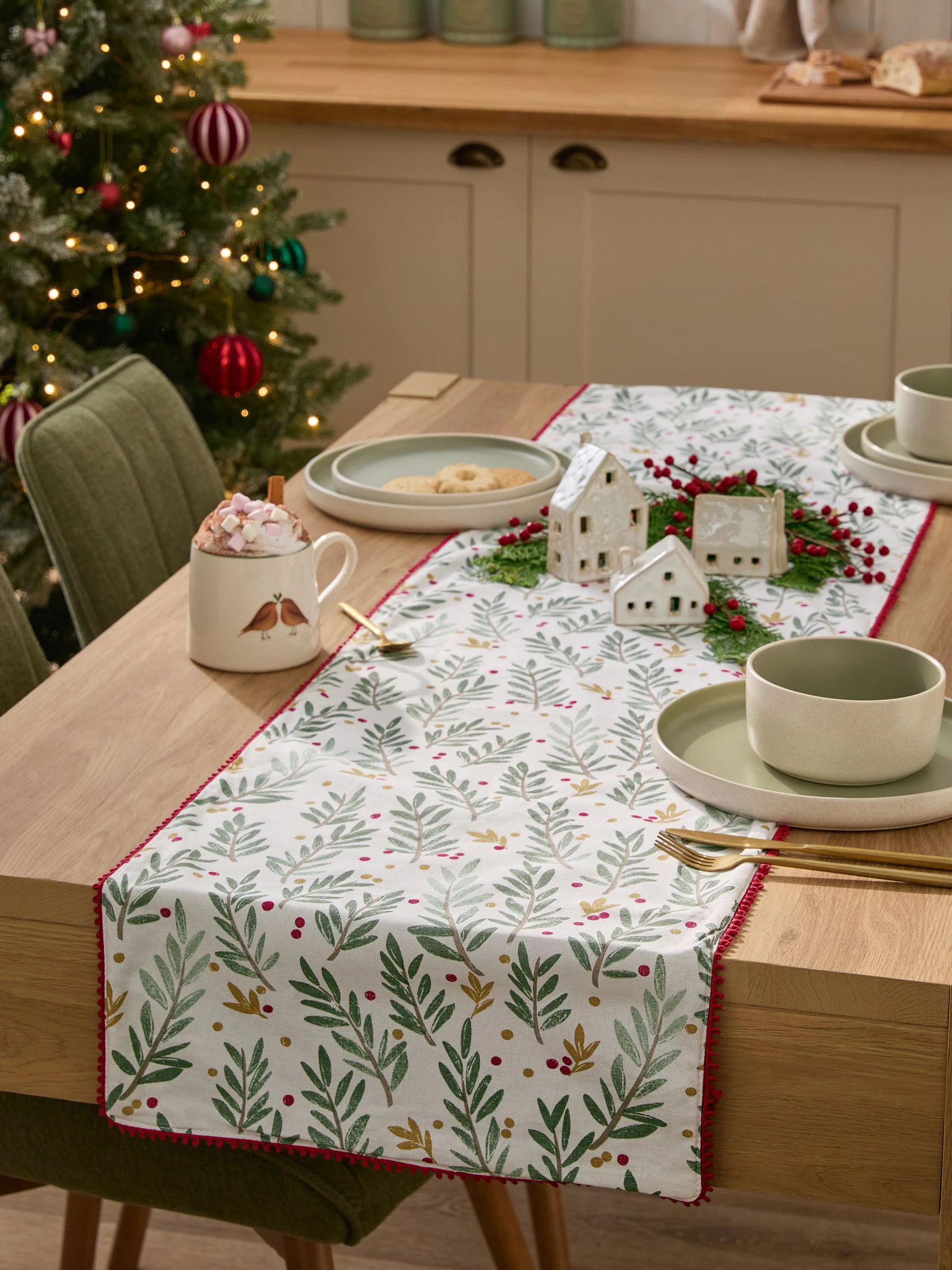 Kerstmis tafelloper met maretakmotief