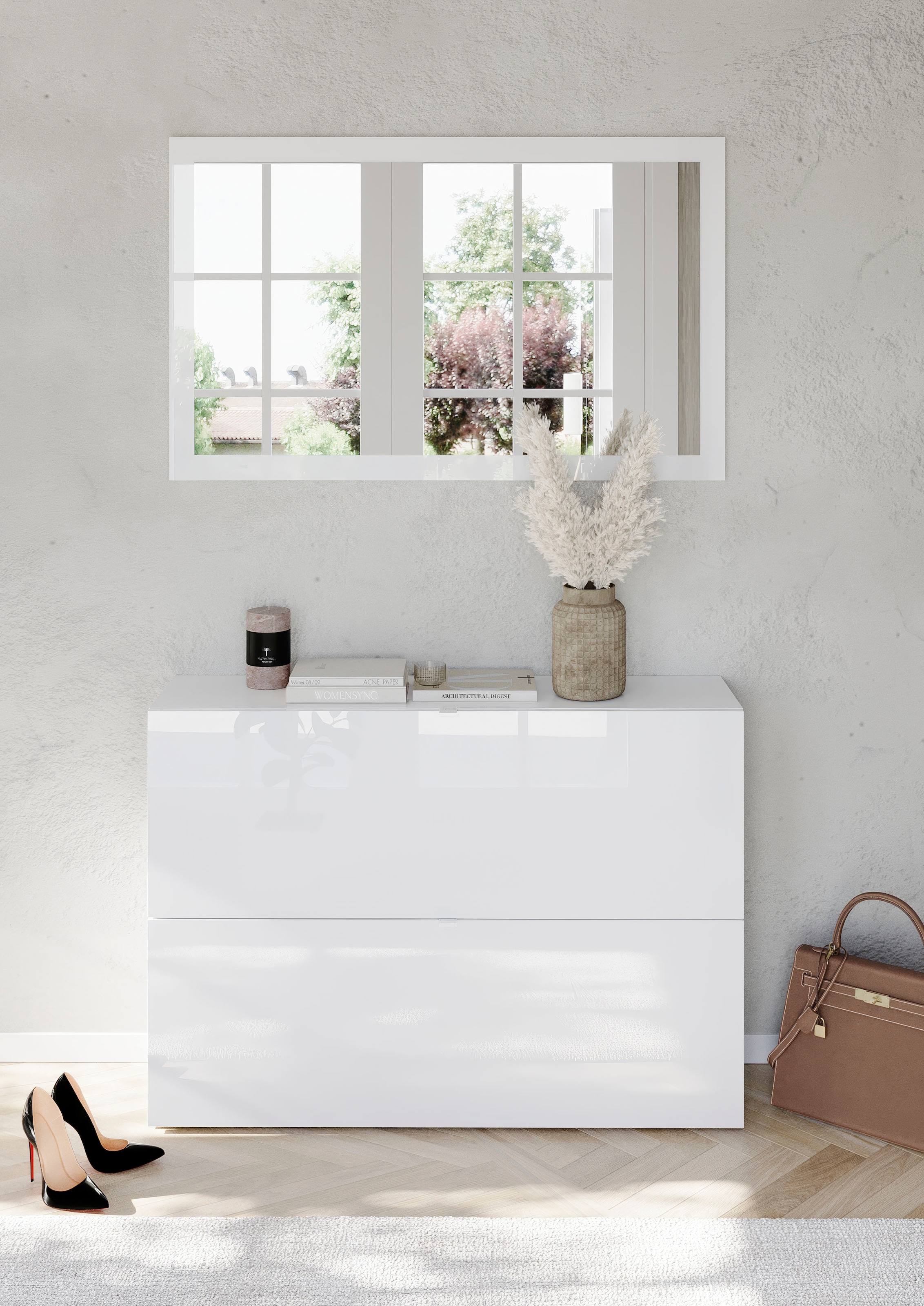 INOSIGN Garderobenspiegel »Breite x Höhe: 110 x 68 cm, mit Rahmen Weiss Hochglanz Lack« passend zur Garderobe Smile + Hamburg, längs u. quer hängen