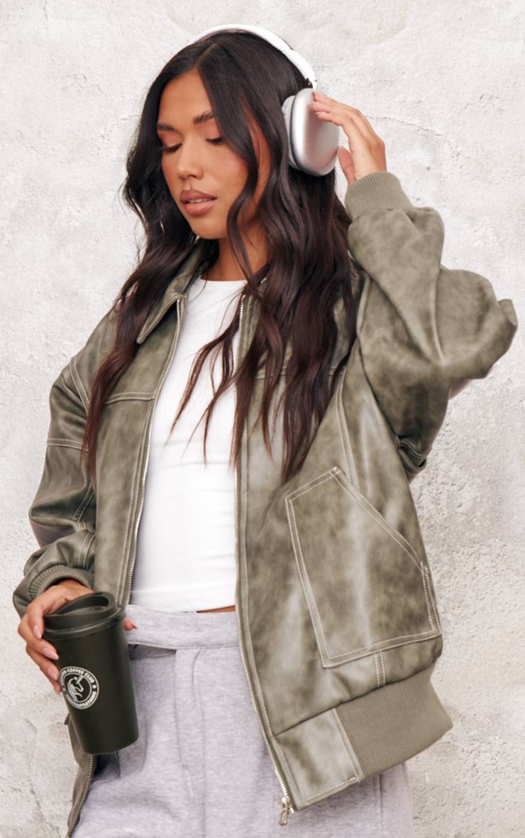 Washed Green Veste Bomber Longue Oversize En Synthétiquecuir Effet Vieilli
