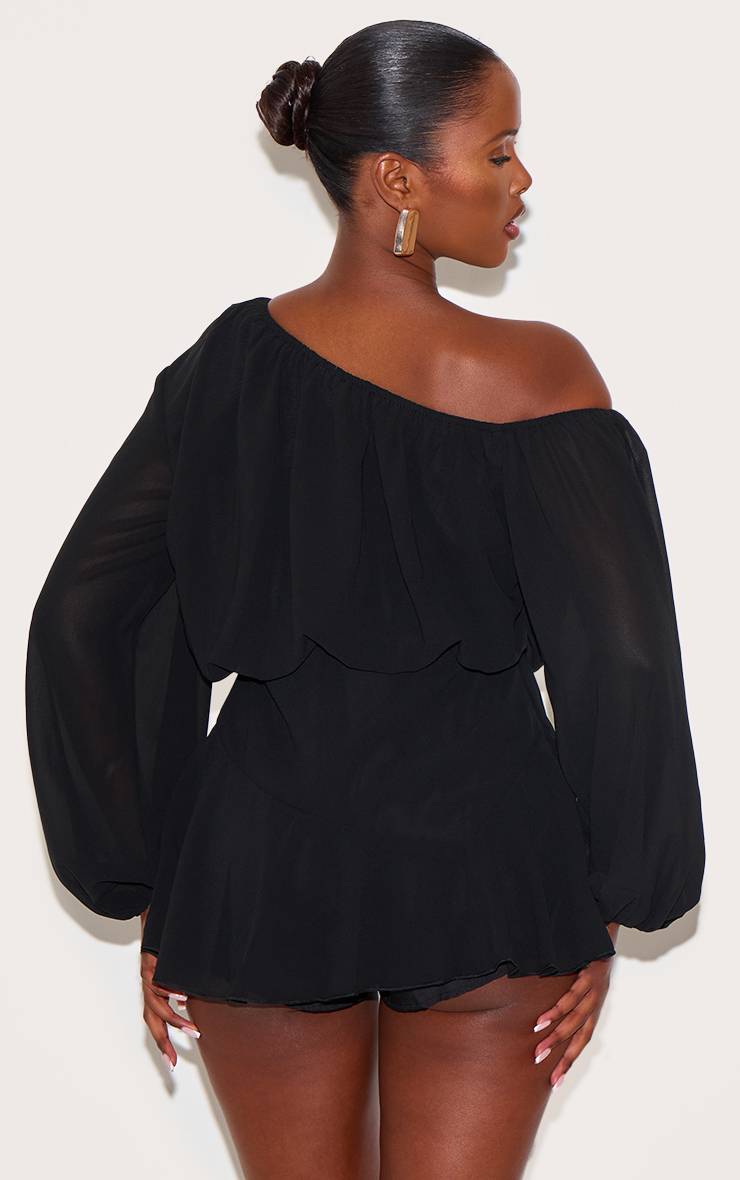 Noir Combinaison-short En Mousseline À Une Épaule Et Jupe-culotte Vaporeuse